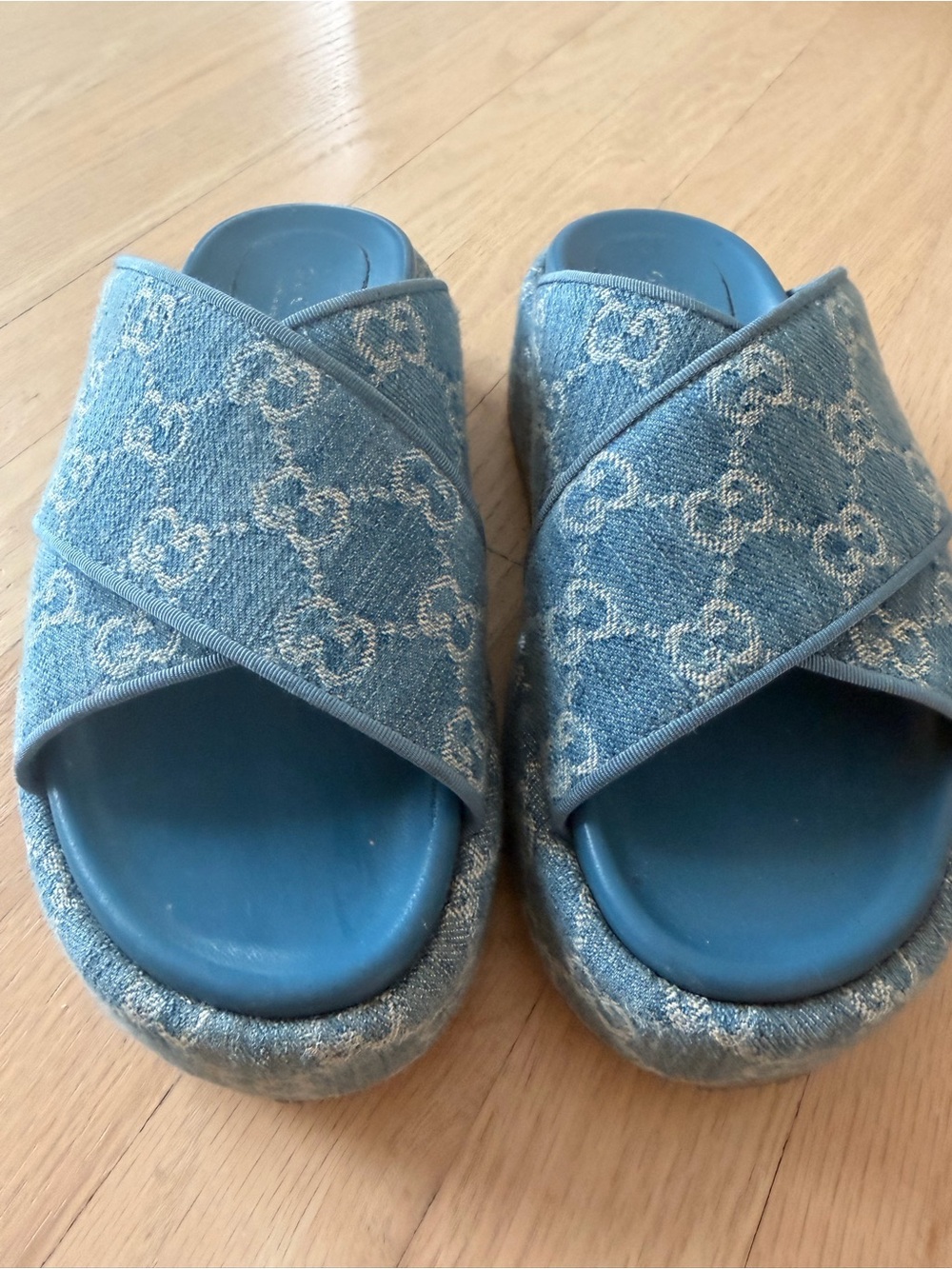 Gucci Light Blue Monogram Cross-Strap Platform Mules